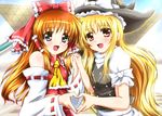  :d ascot blonde_hair blush bow brown_hair cosplay detached_sleeves diesel-turbo fate_testarossa hair_bow hair_tubes hakurei_reimu hakurei_reimu_(cosplay) hat heart heart_hands heart_hands_duo holding_hands kirisame_marisa kirisame_marisa_(cosplay) long_hair lyrical_nanoha mahou_shoujo_lyrical_nanoha multiple_girls open_mouth purple_eyes red_eyes smile takamachi_nanoha tokyo_big_sight touhou witch_hat 