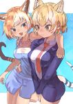  2girls :3 absurdres animal_ears arm_around_shoulder bare_shoulders blonde_hair blue_jacket blue_shirt blue_shorts blue_skirt blush collared_shirt cowboy_shot extra_ears fang hair_between_eyes highres jacket kemono_friends kemono_friends_3 long_sleeves looking_at_another multicolored_hair multiple_girls necktie official_alternate_costume open_mouth orange_eyes osnmykk red_necktie shirt short_hair shorts sidelocks skirt suit_jacket tail tasmanian_tiger_(kemono_friends) thylacine_(kemono_friends) two-tone_shirt white_hair white_shirt yellow_eyes 