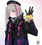  1girl beret black_coat black_gloves black_headwear blue_eyes coat darkpulsegg girls&#039;_frontline gloves grey_hair grin hat heterochromia highres holding long_hair looking_at_viewer mdr_(girls&#039;_frontline) medallion multicolored_hair one_side_up pink_eyes pink_hair purple_coat simple_background smile solo sonichu streaked_hair two-tone_gloves two-tone_hair white_background white_gloves 