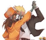  1boy 1girl blonde_hair blush brown_hair cabbie_hat clothed_robot guilty_gear guilty_gear_strive hat hat_ornament highres hood hoodie humanoid_robot key_in_head long_hair metal_skin mil17459623 object_through_head orange_headwear orange_hoodie robo-ky robo-may robot short_hair skull_and_crossbones skull_hat_ornament yellow_eyes 