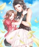  1boy 1girl aerith_gainsborough belt black_belt black_gloves black_hair black_sweater blue_eyes blue_sky bracelet brown_hair cloud cloudy_sky commentary_request couple cropped_jacket cross_scar day dress falling_petals final_fantasy final_fantasy_vii frilled_dress frills gloves green_eyes hair_ribbon hand_on_another&#039;s_back hand_on_another&#039;s_shoulder hands_up happy highres holding_hands jacket jewelry kneeling long_hair looking_to_the_side medium_hair multiple_belts on_lap one_eye_closed open_clothes open_jacket open_mouth outdoors parted_bangs parted_lips partial_commentary petals pink_dress pink_ribbon ream_(arua) red_jacket ribbon scar scar_on_cheek scar_on_face short_sleeves sitting sitting_on_lap sitting_on_person sky sleeveless sleeveless_turtleneck smile spiked_hair sweater turtleneck v-neck wavy_hair yellow_petals zack_fair 
