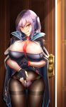  1girl azur_lane bangs black_legwear black_ribbon blue_cloak blue_gloves blue_hair blush braid breasts cleavage cleavage_cutout closed_mouth commentary_request crotch_seam door dress dress_lift essex_(azur_lane) eyebrows_visible_through_hair eyes_visible_through_hair fine_fabric_emphasis french_braid gloves hair_between_eyes hair_ribbon highres huge_breasts indoors lifted_by_self long_hair looking_at_viewer multicolored multicolored_clothes multicolored_dress naughty_face necktie orange_eyes panties panties_under_pantyhose pantyhose partly_fingerless_gloves pink_panties pon_(koteigainen) red_neckwear ribbon shiny shiny_skin sidelocks smile solo standing thighband_pantyhose tied_hair tongue tongue_out twintails underwear 