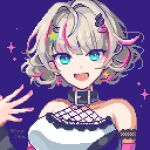  1girl bare_shoulders belt_collar blue_background blue_eyes collar hair_ornament hairclip hiroita lightning_bolt_earrings looking_at_viewer lowres open_mouth phase_connect pink_nails pixel_art rinkou_ashelia shirt solo sparkle virtual_youtuber white_shirt 