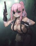  big_boss big_boss_(cosplay) breasts cleavage cosplay eyepatch gun handgun highres holding holding_gun holding_knife holding_weapon hololive hololive_english knife large_breasts metal_gear_(series) metal_gear_solid_3:_snake_eater mori_calliope pink_hair ponytail red_eyes virtual_youtuber weapon zedd_(zedgawr) 