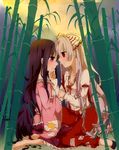  bamboo bamboo_forest barefoot black_hair blush bow chin_grab dress embarrassed forest fujiwara_no_mokou hair_bow hair_ribbon hands_on_another's_face highres holding_hands houraisan_kaguya long_hair moon multiple_girls nature nervous pants profile purple_eyes red_eyes ribbon suspenders touhou tsuno_no_hito very_long_hair white_hair yuri 