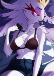 absurd_res anthro arm_tuft avian bed bedroom_eyes big_breasts bird bottomwear bra breasts cheek_tuft chest_tuft clothing crown demon elbow_tuft facial_tuft female furniture galliform hair headgear helluva_boss hi_res jesterwing leg_tuft long_hair lying lying_on_bed narrowed_eyes neck_tuft on_bed peafowl peafowl_demon phasianid seductive shorts shoulder_tuft solo stella_(helluva_boss) submissive submissive_female tiara tuft underwear