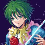  1girl asellus_(saga_frontier) blue_dress closed_mouth dress falling_petals flower green_hair hair_between_eyes hiroita holding holding_sword holding_weapon looking_at_viewer lowres petals pink_petals pixel_art portrait puffy_short_sleeves puffy_sleeves red_flower red_rose rose saga saga_frontier short_hair short_sleeves signature solo sword weapon 