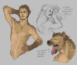 anthro brown_body brown_fur claws cyrillic_text digital_media_(artwork) eyes_closed fur hybrid hyena looking_at_viewer male mammal nude russian_text simple_background skitalets solo spotted_hyena text tongue tongue_out were werehyena