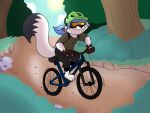 2017 3_toes 4_fingers 7:6 anthro barefoot bicycle bicycle_helmet biped blue_hair bottomwear brown_clothing brown_gloves brown_handwear canid canine character_request cheek_tuft clothed clothed_anthro clothed_male clothing colored cycling day detailed_background digital_drawing_(artwork) digital_media_(artwork) dipstick_ears dipstick_tail dirt eyewear facial_tuft feet fingers fox front_view fur fur_tuft gloves goggles hair handwear kabula_(artist) male male_anthro mammal markings multicolored_ears nature nature_background pants plant riding shirt shrub sky solo sun tail tail_markings teeth toes topwear tree tuft white_body white_fur