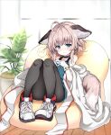  1girl absurdres ahoge animal_ear_fluff animal_ears arknights bare_shoulders black_choker black_leggings blue_eyes blue_shirt blush choker cloak coat ears_down extra_ears fox_ears fox_girl fox_tail full_body gloves hands_on_own_chest highres indoors infection_monitor_(arknights) interlocked_fingers jacket leggings legs_together looking_at_viewer medic open_cloak open_clothes oripathy_lesion_(arknights) plant potted_plant shirt short_hair sidelocks sitting smile solo speech_bubble sussurro_(arknights) tail tatsuhiko white_coat white_jacket wooden_floor 