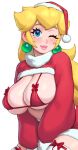  1girl blonde_hair blue_eyes blush breasts christmas cleavage earrings fur-trimmed_collar fur_trim gloves hat jewelry large_breasts long_hair long_sleeves looking_at_viewer mario_(series) one_eye_closed princess_peach puffy_sleeves riz santa_hat smile solo thick_eyebrows thick_lips thighs 