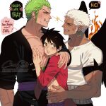  3boys angry black_coat black_hair black_pants clenched_teeth coat colored_skin crezz_(infj_crezz) dark-skinned_male dark_skin earrings english_commentary grabbing grabbing_another&#039;s_breast green_hair half-closed_eyes haramaki highres jewelry male_focus mature_male multiple_boys one_piece pants pectoral_cleavage pectorals red_shirt roronoa_zoro shirt simple_background single_earring tan teeth white_background white_hair white_shirt white_skin yaoi 
