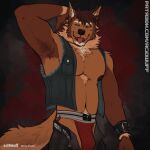 2022 acidwuff anthro armpit_hair artist_name beard blue_clothing blue_eyes blue_topwear blue_vest body_hair bottomwear brown_beard brown_body brown_bottomwear brown_clothing brown_fur brown_hair brown_nipples brown_pants bulge canid clothed clothing dated facial_hair fur hair hand_behind_head hi_res jockstrap looking_at_viewer male mammal muscular muscular_anthro muscular_male narrowed_eyes nipples open_bottomwear open_clothing open_mouth open_pants open_topwear pants red_body red_clothing red_fur red_jockstrap red_tongue red_underwear solo standing text tongue topwear underwear url vest