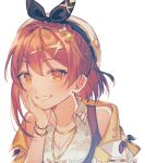  1girl atelier_(series) atelier_ryza beret bow bracelet breasts brown_hair cleavage collared_shirt grin hair_between_eyes hair_ornament hairclip hand_on_own_cheek hand_on_own_face hand_up hat hat_bow jewelry looking_at_viewer necklace open_mouth reisalin_stout shake_(osakananopen) shirt short_hair simple_background smile solo teeth upper_body white_background white_headwear white_shirt x_hair_ornament yellow_eyes 
