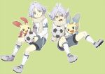  2boys ball bike_shorts brothers brown_eyes fubuki_atsuya fubuki_shirou green_background grey_eyes grey_hair grey_shirt grey_shorts holding holding_ball inazuma_eleven inazuma_eleven_(series) long_sleeves male_focus minun mizuki_(31ten) multiple_boys open_mouth outline plusle pokemon pokemon_(creature) scarf shirt short_hair shorts siblings simple_background smile soccer_ball socks teeth white_outline white_scarf white_shirt white_socks 