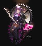  2girls :d absurdres arknights black_footwear black_gloves breasts different_reflection flower gloves hibiscus hibiscus_(arknights) highres holding holding_instrument horns instrument looking_at_viewer multiple_girls nennekorori4 pink_flower purple_eyes purple_hair reflection smile white_gloves 