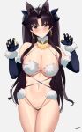  1girl absurdres adapted_costume animal_ears bare_shoulders black_gloves black_hair blush breasts cleavage clenched_teeth cosplay earrings elbow_gloves fate/grand_order fate_(series) fur-trimmed_gloves fur_collar fur_trim gloves gold_panties hair_ribbon highleg highleg_panties highres hoop_earrings ishtar_(fate) jewelry kurozawa_yui large_breasts long_hair looking_at_viewer mash_kyrielight mash_kyrielight_(dangerous_beast) mash_kyrielight_(dangerous_beast)_(cosplay) navel neck_ring o-ring panties parted_bangs red_eyes revealing_clothes ribbon solo teeth thighs two_side_up underwear wolf_ears 