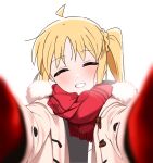  1girl ahoge alternate_costume blonde_hair blurry blush bocchi_the_rock! closed_eyes coat commentary_request depth_of_field detached_ahoge duffel_coat facing_viewer fur-trimmed_coat fur_trim grin hair_between_eyes halo highres ijichi_nijika kihamu_11 long_hair looking_to_the_side meme nejime one_side_up open_clothes open_coat open_mouth pov pov_cheek_warming_(meme) purple_eyes reaching reaching_towards_viewer red_scarf scarf side_ponytail smile solo upper_body white_background white_coat white_hair 