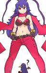 1girl ? absurdres belt bikini bikini_top_only blue_hair breasts cleavage closed_mouth disgaea disgaea_d2 fingerless_gloves gloves highres jewelry kami_koppu_(gerbera777) laharl-chan long_hair looking_at_viewer navel pointy_ears prinny red_eyes red_scarf scarf simple_background smile swimsuit white_background 