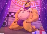 2023 anthro armpit_hair banner barazoku barefoot bear belly biceps big_belly big_bulge big_muscles body_hair bow_tie bulge churrosolixoso claws clothed clothing curtains detailed_bulge english_text eyebrows feet five_nights_at_freddy&#039;s fur golden_freddy_(fnaf) hat headgear headwear hi_res inside kneeling male mammal musclegut muscular muscular_anthro muscular_male navel nipples open_mouth open_smile overweight overweight_anthro overweight_male pecs scottgames signature smile solo stage text thick_thighs thong thong_only top_hat topless topless_anthro topless_male tuft underwear underwear_only