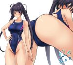  ass black_eyes black_hair blue_one-piece_swimsuit breasts commission competition_swimsuit dated hair_ribbon highleg highleg_swimsuit highres large_breasts long_hair looking_back memories_off_2nd one-piece_swimsuit pixiv_commission ponytail ribbon signature simple_background standing suzuna_takano swimsuit tachi-e two-tone_swimsuit white_background yoo_tenchi 