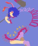  1girl animal_ears bloomers blue_hair commentary_request crescent_print dress earclip frilled_dress frills highres kaigen_1025 medium_hair no_lineart no_nose parted_lips puffy_short_sleeves puffy_sleeves purple_bloomers purple_socks rabbit_ears red_eyes seiran_(touhou) short_sleeves socks solo star_(symbol) star_print touhou 