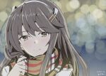  1girl artist_name black_hair blurry blurry_background blush brown_eyes brown_scarf closed_mouth coat commentary_request dated hair_ornament hairclip haruna_(kancolle) kantai_collection looking_at_viewer outdoors scarf smile solo taira_yuuki upper_body winter_clothes winter_coat 