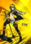  blonde_hair blue_eyes boots breasts hairband highres kote_(tures) lily_(vocaloid) long_hair medium_breasts microphone microphone_stand midriff navel solo thigh_boots thighhighs underboob very_long_hair vocaloid yellow 