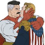  2boys black_hair blonde_hair blue_eyes bonjourdraws cape colored_skin crossover facial_hair gloves grey_hair half-closed_eyes highres homelander invincible_(series) male_focus mature_male multicolored_hair multiple_boys muscular muscular_male mustache omni-man simple_background superhero teeth the_boys thick_arms two-tone_bodysuit two-tone_hair white_background white_skin yaoi 