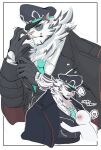  ... 1boy 1other absurdres animal_ears bara black_coat black_gloves black_headwear black_suit coat commentary_request dislyte ear_piercing furry furry_male gloves green_necktie head_on_chest heart highres izm_(izm_rm7) jin_qiu_(ru_shou)_(dislyte) looking_at_another looking_at_hand male_focus multiple_views necktie piercing ponytail scar scar_across_eye shirt signature suit sunglasses tiger_boy tiger_ears tiger_stripes translation_request upper_body white_background white_shirt 