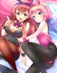  2girls :d animal_ears aqua_eyes arm_at_side aru_(arudes) bare_shoulders bed_sheet black_leotard black_pantyhose black_wrist_cuffs blush bow breasts brown_eyes brown_hair brown_pantyhose chiyoda_momo cleavage closed_mouth commentary curvy detached_collar eyelashes fake_animal_ears fake_tail fang feet_out_of_frame hair_between_eyes hair_ornament hairclip hand_up highres index_finger_raised knees_up large_breasts leotard long_hair looking_at_viewer lying machikado_mazoku multiple_girls on_back on_side open_mouth pantyhose pink_hair pink_wrist_cuffs playboy_bunny rabbit_ears rabbit_tail red_bow short_hair smile split_mouth strapless strapless_leotard tail wrist_cuffs yoshida_yuuko_(machikado_mazoku) 