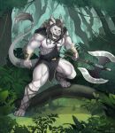 anthro apple-faced armor axe battle_axe belt bracers braided_hair cloak clothing dragon felid forest fur hair hi_res horn hybrid isaiah_(jrbn1) lion male mammal muscular nipple_piercing nipples open_mouth outside pantherine piercing plant solo tree white_body white_fur