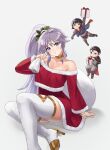 1boy 2girls absurdres alternate_costume bare_shoulders black_hair boots breasts chibi choker christmas cleavage commentary_request commission commissioner_upload dress fire_emblem fire_emblem:_genealogy_of_the_holy_war fire_emblem:_thracia_776 grey_background grey_hair head_tilt high_heels highres ishtar_(fire_emblem) long_hair long_sleeves looking_at_viewer multiple_girls non-web_source off-shoulder_dress off_shoulder olwen_(fire_emblem) pearlbbbb purple_eyes red_dress reinhardt_(fire_emblem) side_ponytail sitting skeb_commission smile thigh_boots thighhighs very_long_hair white_footwear white_thighhighs 