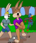 anthro blonde_hair blue_eyes bodily_fluids bottomless bottomwear breasts brown_body brown_fur buckteeth butt clothed clothing crying eyes_closed featureless_crotch female forest fur group hair hopping joy_bunny kthanid_(artist) lagomorph leporid male mammal monotreme open_mouth outside pain plant platypus platypus_tail rabbit randy_rabbit rutwell_forest shelby_platypus shorts shrub tan_body tan_fur tears teeth tongue tree trio