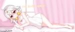  1girl absurdres blush closed_mouth curtains dress earrings full_body highres jewelry looking_at_viewer luoyezi lying on_side pajamas pillow pink_curtains red_eyes ruby_(tower_of_fantasy) short_hair solo tower_of_fantasy white_dress white_hair window 