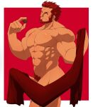  1boy abs bara beard biceps bulge candy chocolate erection erection_under_clothes facial_hair fate/grand_order fate/zero fate_(series) feet_out_of_frame food heart heart-shaped_chocolate iskandar_(fate) karakuraax large_pectorals looking_at_viewer male_focus manly mature_male muscular muscular_male nipples nude pectorals pubic_hair red_background red_eyes red_hair robe simple_background smirk solo spiked_hair thick_arms thick_eyebrows thick_thighs thighs 