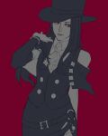  1other androgynous ascot asymmetrical_sleeves bare_shoulders black_hair black_headwear cowboy_shot fingerless_gloves gloves guilty_gear guilty_gear_strive hat long_hair looking_at_viewer other_focus red_background red_eyes testament_(guilty_gear) top_hat white_ascot white_gloves yszlr 