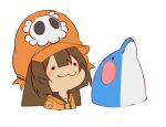  1girl blush brown_hair cabbie_hat dolphin guilty_gear guilty_gear_strive hat hat_ornament highres hood hoodie long_hair looking_at_viewer may_(guilty_gear) mil17459623 mr._dolphin_(guilty_gear) orange_headwear orange_hoodie skull_and_crossbones skull_hat_ornament 