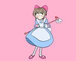  1girl animated animated_gif anna_rettberg apron arms_behind_back blue_dress blush_stickers bow brown_hair cardcaptor_sakura commentary dress english_commentary full_body fuuin_no_tsue green_eyes hair_bow holding holding_wand kinomoto_sakura mary_janes pink_background pink_bow pink_footwear shoes short_hair simple_background solo standing wand white_apron 