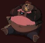 anthro belly big_belly blainwolf bottomwear chubby_anthro chubby_cheeks chubby_male clothing concentrating controller double_chin feet food game_controller gaming hair hi_res humanoid_hands jacket leather leather_clothing leather_jacket leather_topwear male navel overweight overweight_anthro overweight_male pants pawpads pizza pizza_box pizza_in_mouth pizza_slice playing_videogame shirt sitting soft_belly solo topwear torn_clothing yellow_eyes zipper