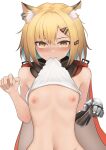  1girl absurdres animal_ear_fluff animal_ear_piercing animal_ears arknights blonde_hair blush cape clothes_in_mouth clothes_lift flashing flat_chest fox_ears fox_girl hair_ornament hairclip hands_up highres lifted_by_self looking_at_viewer mouth_hold navel nipples no_bra notched_ear orange_eyes prosthesis prosthetic_arm shirt shirt_in_mouth shirt_lift short_hair simple_background solo tokumeikibo upper_body vermeil_(arknights) white_background white_cape white_shirt 
