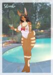 2019 absurd_res anthro beverage big_breasts black_hair blush border bow_ribbon breasts brown_body brown_fur chest_tuft choker clothing female fur genitals hair hand_behind_back hi_res holding_beverage holding_object janice_flynn jewelry lagomorph leporid long_ears long_hair mammal markings mature_female necklace nipples one-piece_swimsuit outside pink_nose purple_eyes pussy rabbit shianko short_tail signature solo swimming_pool swimwear tail translucent translucent_clothing translucent_swimwear tuft wet wet_clothing white_border