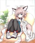  1girl absurdres ahoge animal_ear_fluff animal_ears arknights bare_shoulders black_choker black_leggings blue_eyes blue_shirt choker cloak coat extra_ears fox_ears fox_girl fox_tail full_body gloves hands_on_own_chest highres indoors infection_monitor_(arknights) interlocked_fingers jacket leggings legs_together looking_at_viewer medic open_cloak open_clothes oripathy_lesion_(arknights) plant potted_plant shirt short_hair sidelocks sitting solo sussurro_(arknights) tail tatsuhiko white_coat white_jacket wooden_floor 
