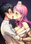  1boy 1girl arm_grab bare_shoulders black_hair blush bow breast_press breasts chaldea_logo chaldea_uniform closed_eyes commission dynamitenatalia fate/grand_order fate_(series) french_kiss fujimaru_ritsuka_(male) glasses gloves hat hetero kiss koyanskaya_(fate) koyanskaya_(foreigner)_(first_ascension)_(fate) large_breasts lipstick makeup pink_hair pink_lips pixiv_commission simple_background tamamo_(fate) tongue white_gloves yellow_eyes 