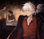  3boys akagi:_yami_ni_oritatta_tensai akagi_shigeru black_eyes black_gloves brown_background brown_hair chair cigarette closed_mouth collared_shirt commentary expressionless faceless faceless_male fukumoto_mahjong gloves hand_in_own_hair highres jacket jacket_on_shoulders looking_to_the_side mahjong mahjong_tile male_focus medium_bangs multiple_boys office_chair open_clothes open_jacket red_shirt ricunmaye shirt short_hair smoking solo_focus striped striped_jacket striped_shirt swivel_chair upper_body vertical-striped_jacket vertical-striped_shirt vertical_stripes white_hair 