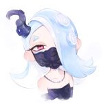  1girl asymmetrical_hair bare_shoulders blue_eyeliner blue_hair cephalopod_eyes chise_(yoakenojikan) collarbone eyeliner hair_over_one_eye highres horizontal_pupils jewelry light_blue_hair looking_at_viewer makeup mask mouth_mask necklace official_alternate_costume pink_eyes shiver_(splatoon) short_eyebrows simple_background smile solo splatoon_(series) splatoon_3 tentacle_hair tentacle_hair_ornament upper_body white_background 