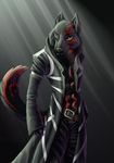  belt black canine jacket male markings red trenchcoat white wolf 