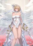  1girl bare_shoulders between_breasts blonde_hair breasts bridal_veil cloud cloudy_sky commentary_request copyright_name covered_navel day dual_wielding evertale feather_trim flower gloves green_eyes highres holding holding_sword holding_weapon lancelot_(evertale) large_breasts leotard logo looking_at_viewer official_art outdoors parted_lips petals sage_joh shiny_skin short_hair simple_background sky solo strapless strapless_leotard sunlight sword thighs veil weapon white_gloves 