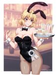  1girl animal_ears bare_shoulders blonde_hair bow bowtie breasts character_name cleavage covered_navel detached_collar fake_animal_ears fake_tail fishnets green_eyes highres leotard medium_hair mizuhashi_parsee ootsuki_wataru pantyhose playboy_bunny pointy_ears rabbit_ears rabbit_tail solo strapless strapless_leotard tail touhou wing_collar wrist_cuffs 