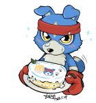 accessory anthro bandai_namco blue_body blue_fur blush boxing_gloves cake clothing dessert digimon digimon_(species) food fur gaomon handwear headband icing koma_ookami male solo tail tail_motion tailwag yellow_eyes